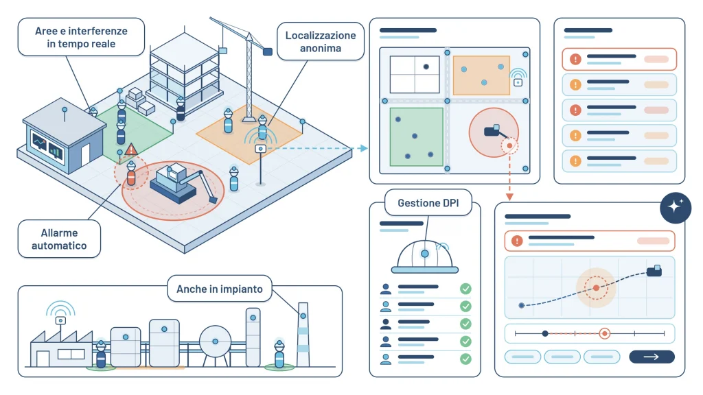 Illustrazione Digitalia: sicurezza in cantiere e in impianto con piattaforma web e sensori wireless